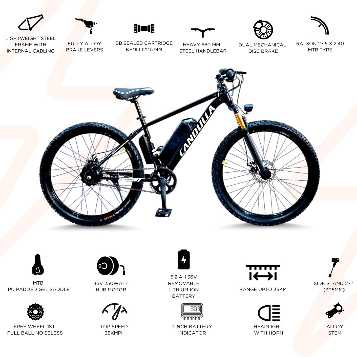 Black Hawk Electric Bike | 5.2Ah Battery | Up to 35Km Range | Removable Battery